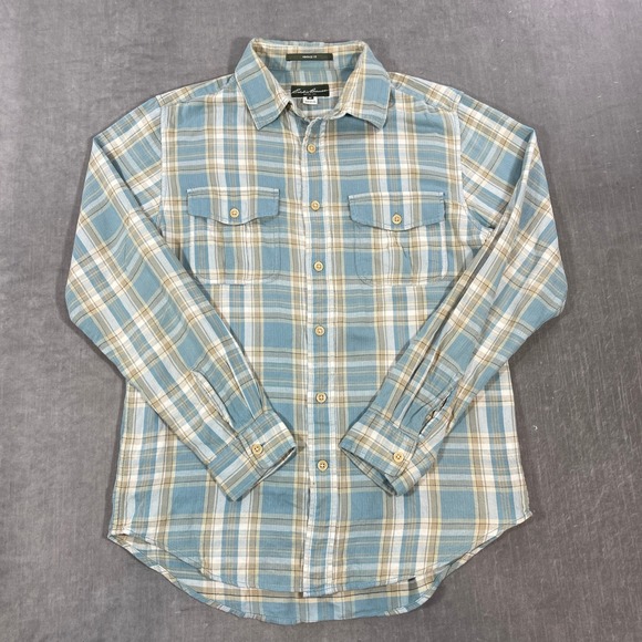Eddie Bauer Mens Medium Blue Tan Plaid Vintage Fit Button Up Shirt - Picture 1 of 5